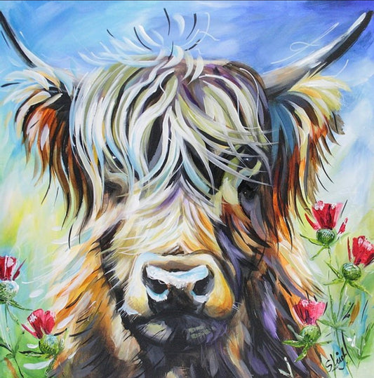 Susan Leigh Thistle Highland Cow Original - The Acorn Gallery, Pocklington