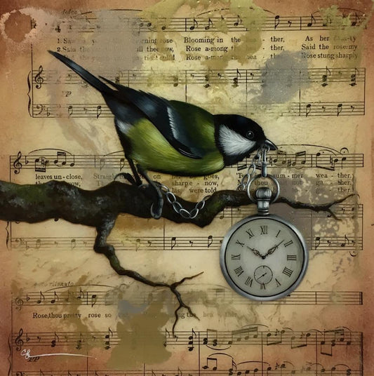 Time is Our Greatest Treasure Original by Sarah Louise Ewing. A beautifully framed painting with intricate detail. More Birds Available. Secure UK Delivery. Shop Online.