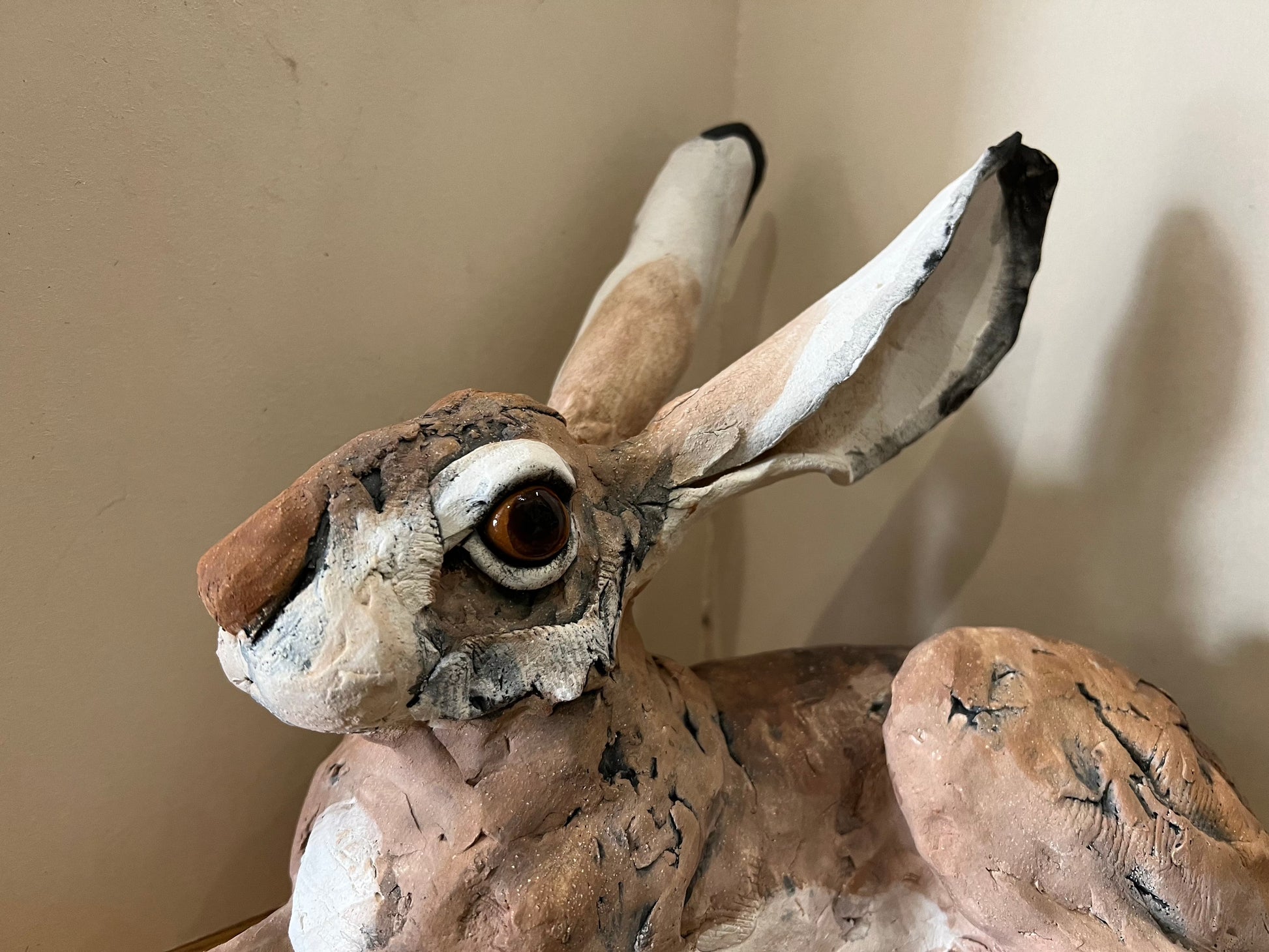 Original Hare Sculpture by Louise Brown. Beautiful hand made ceramic hare with a gorgeous lifelike glaze on the eyes. Visit Us or Shop Online. Secure UK Delivery. Call 01759 307652.