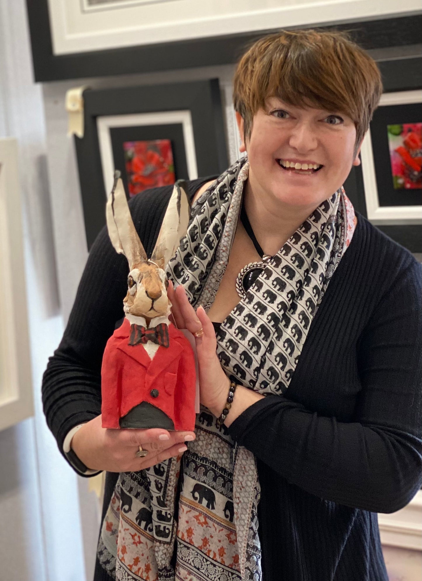 Louise Brown Hare Bust Red Jacket II Original Sculpture - The Acorn Gallery, Pocklington